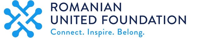 Romanian United Foundation logo with blue woven mark, navy wordmark, and Connect Inspire Belong tagline.