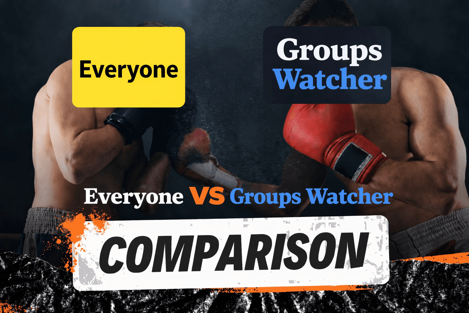 Boxers representing 'Everyone' and 'Groups Watcher' in a comparison graphic, highlighting the competitive analysis of social listening tools.