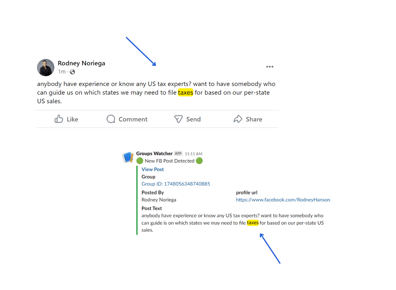 An image showing a Facebook group post with the text 'TURN THIS', next to a Slack notification with the text 'INTO THIS'