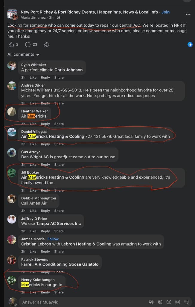 Example Facebook group thread where multiple comments recommend the same local HVAC business after a homeowner asked for emergency A/C repair